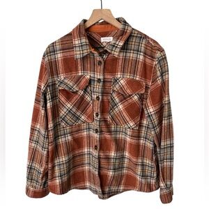 Roolee Wool Blend Flannel Button Up Plaid Shirt Orange Brown Size Large